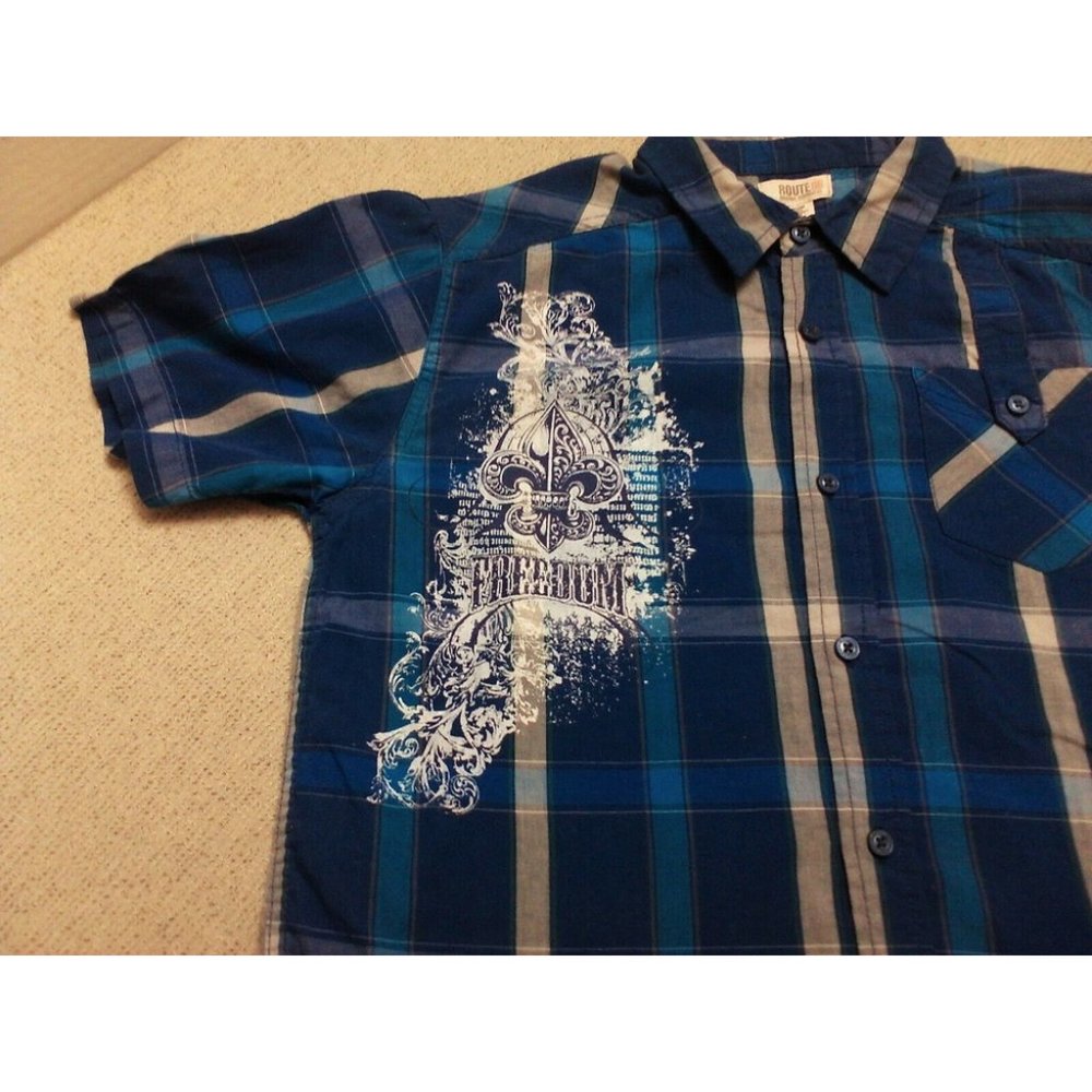 Route 66 Freedom Graphic Design Button Down Collar Top Blue/White Sze XL (14-16) - Picture 8 of 12